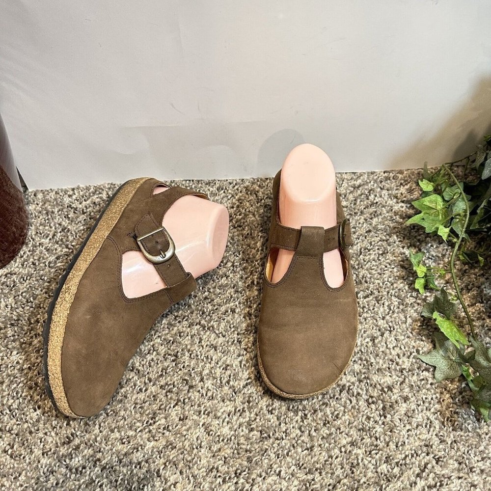 Haflinger Mary Jane Brown Leather Clogs Mule Buckle T-Strap Back Strap 38 US 7